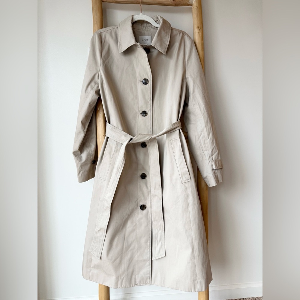 LOFT Ann Taylor Long Tan Khaki Belted Trench Coat Spring Preppy Casual L - Picture 6 of 15